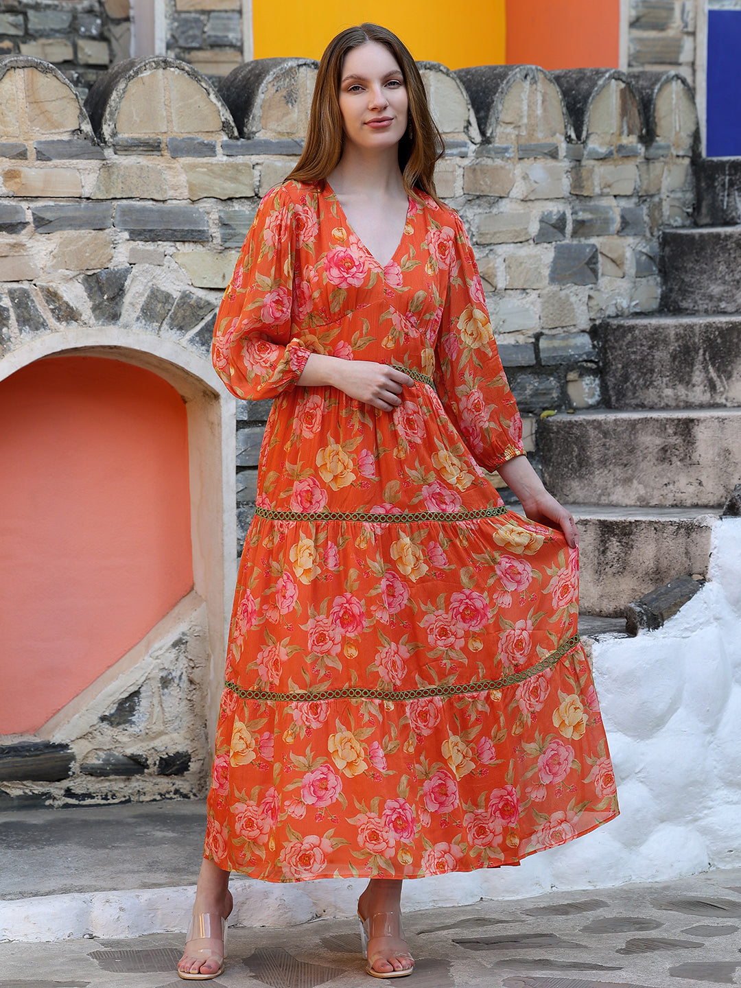 Orange Floral Multi Tiered Dress