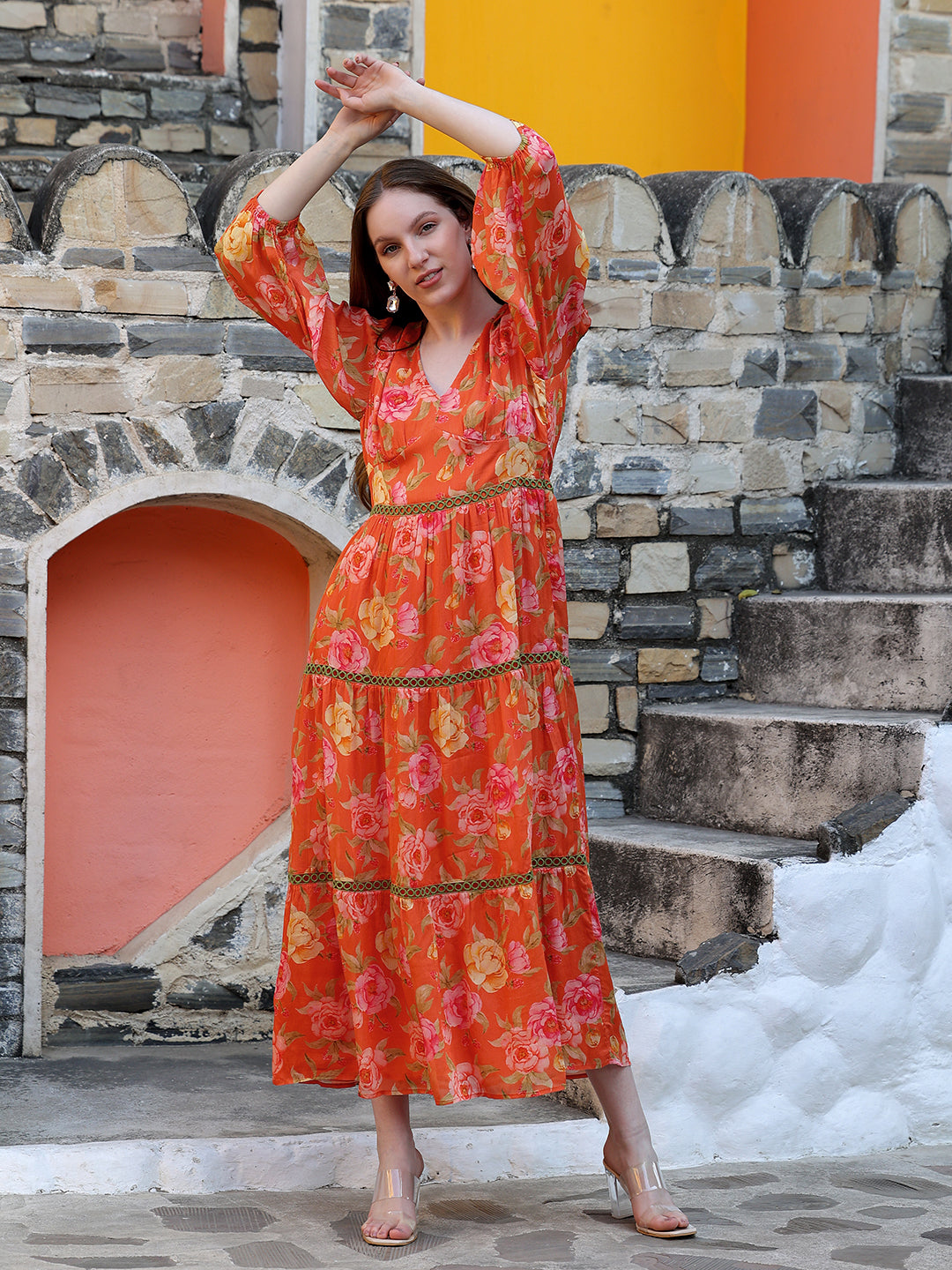 Orange Floral Multi Tiered Dress