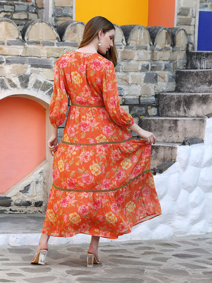 Orange Floral Multi Tiered Dress