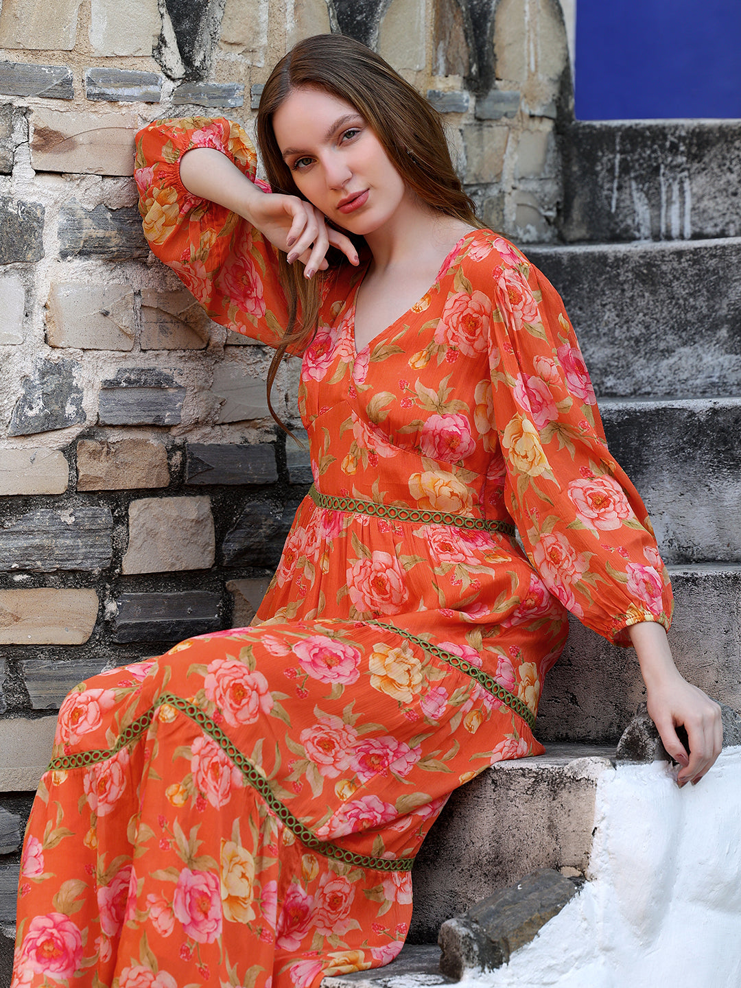 Orange Floral Multi Tiered Dress