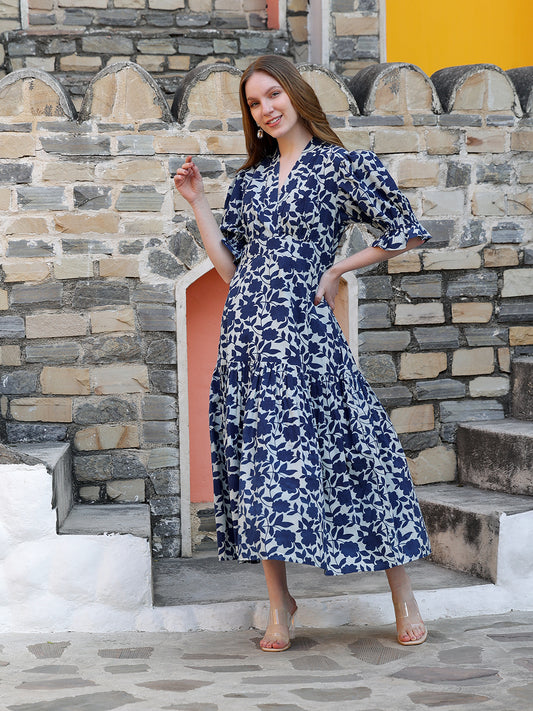 Indigo Printed Fit & Flare Calf Length Dress