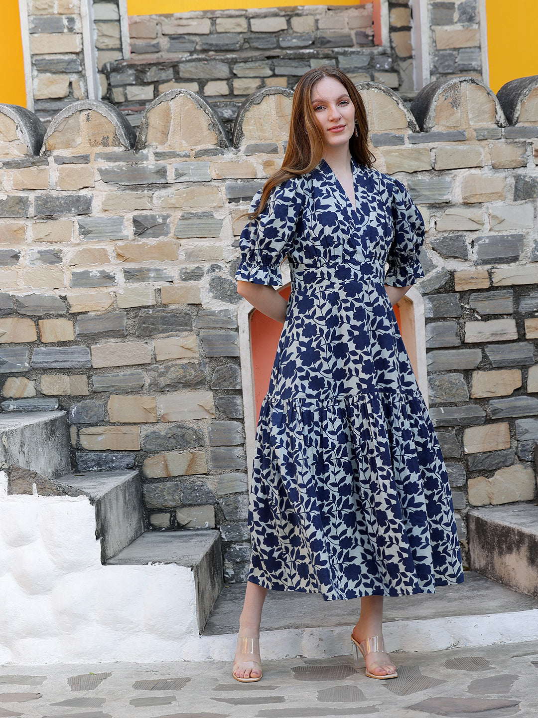 Indigo Printed Fit & Flare Calf Length Dress