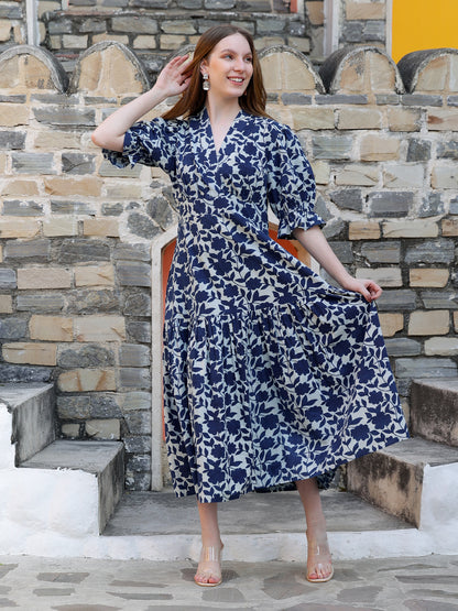 Indigo Printed Fit & Flare Calf Length Dress