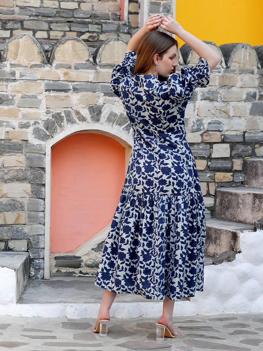 Indigo Printed Fit & Flare Calf Length Dress