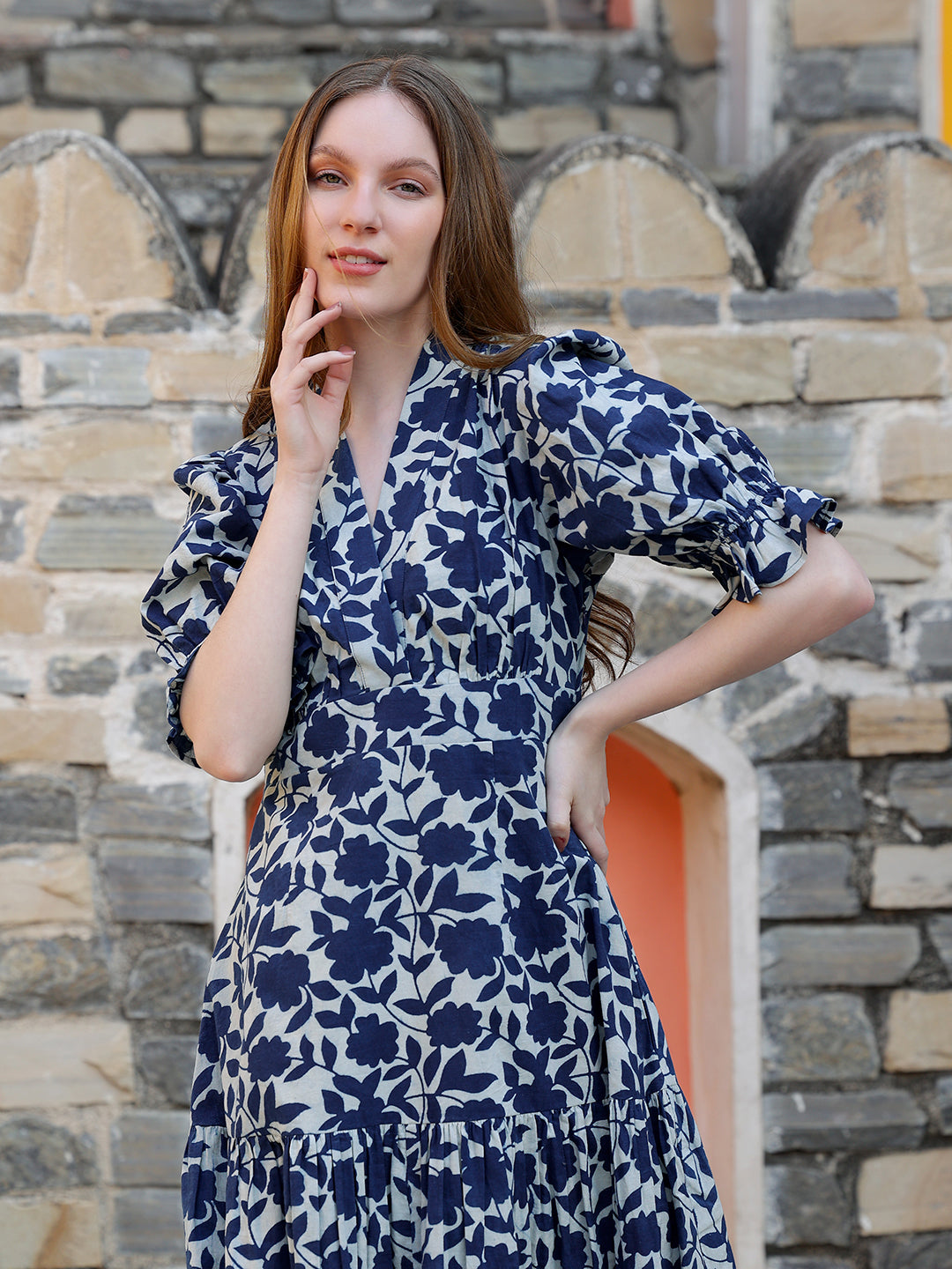 Indigo Printed Fit & Flare Calf Length Dress