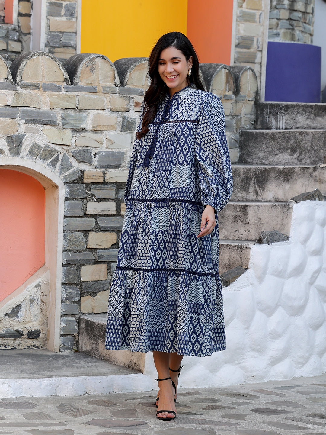 Indigo Printed Maxi Dress With Lining In Cotton