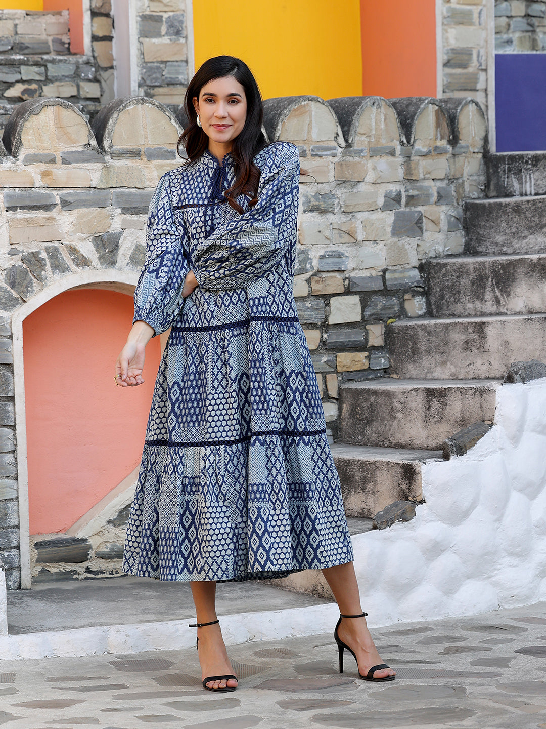 Indigo Printed Maxi Dress With Lining In Cotton