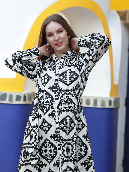 White & Black Front Button Down Shirt Dress With Belt