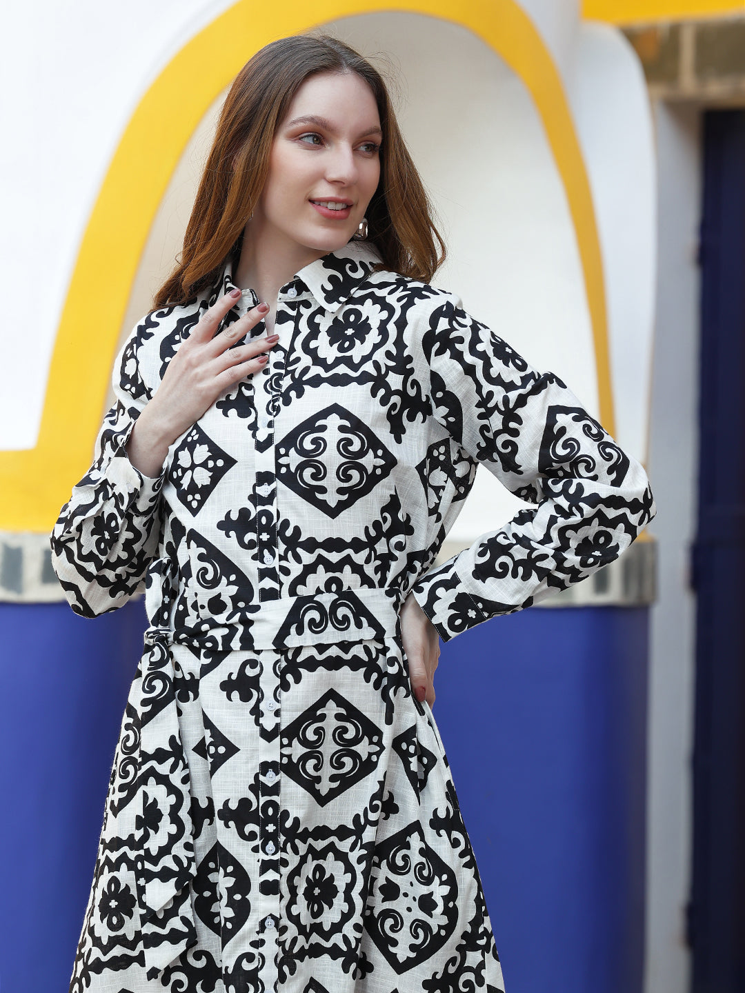 White & Black Front Button Down Shirt Dress With Belt