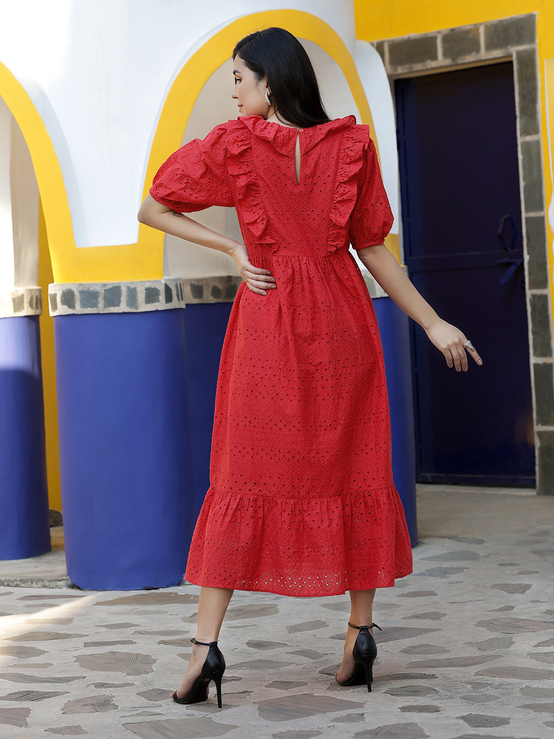 Red Embroidered Schiffly Dress