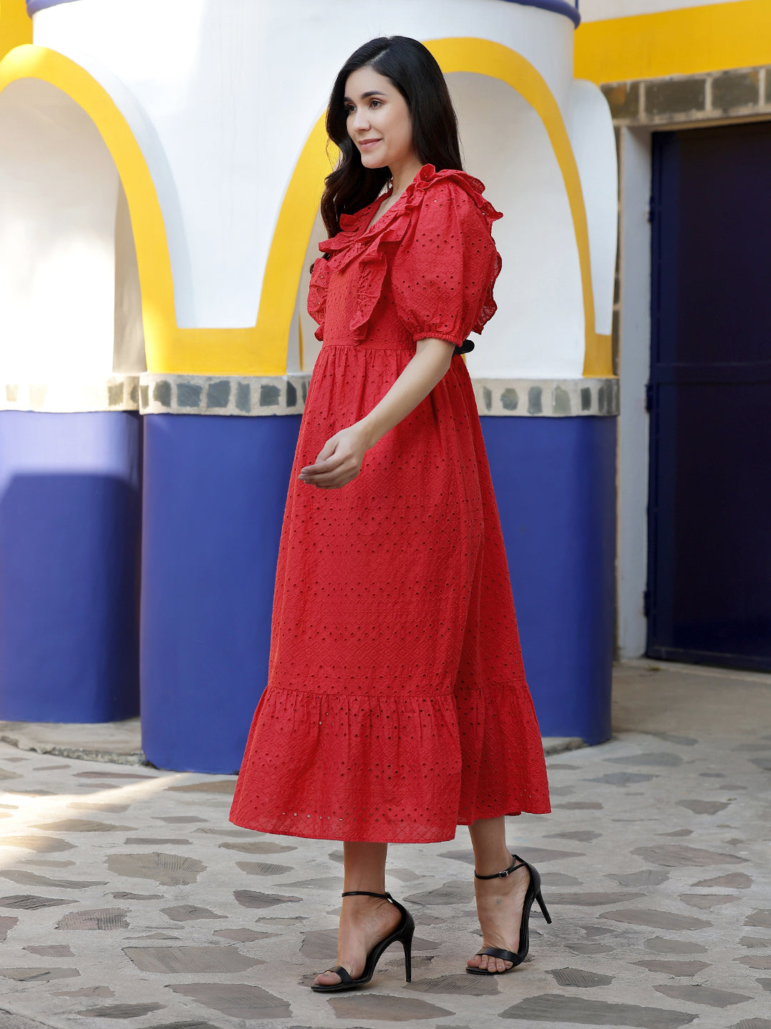 Red Embroidered Schiffly Dress