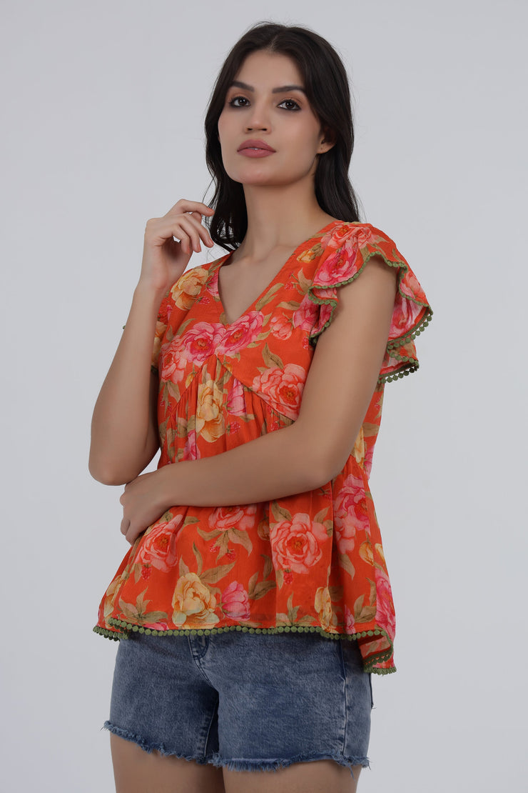 Orange Floral Printed Flared Cotton Top with Cap Sleeves
