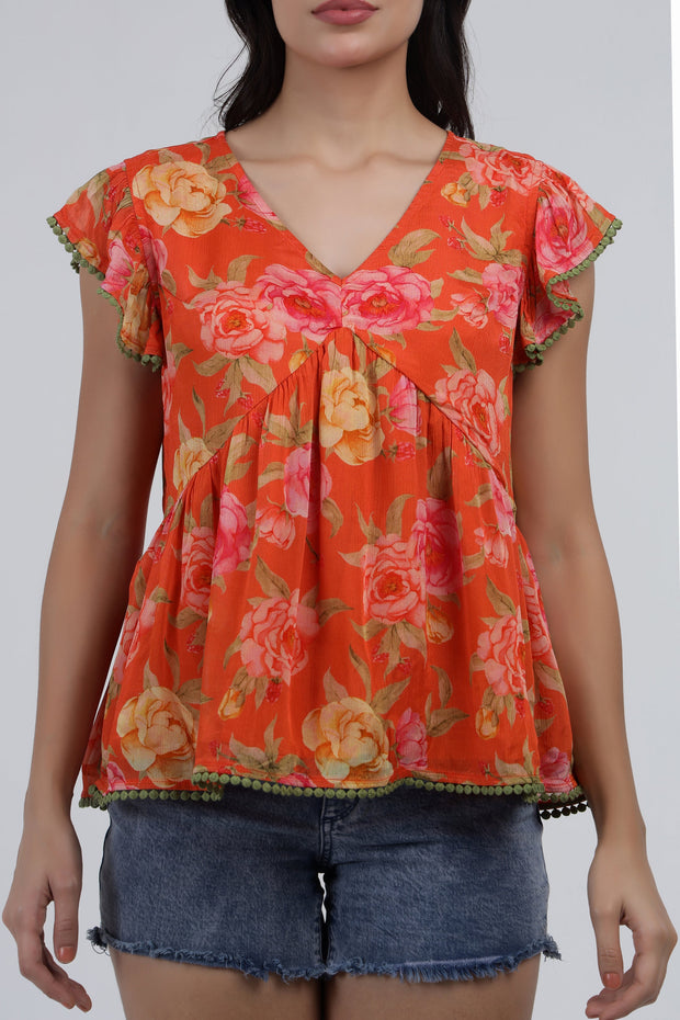 Orange Floral Printed Flared Cotton Top with Cap Sleeves