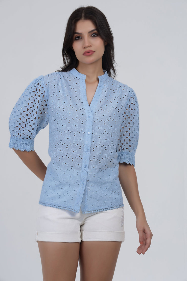 Sky Blue Eyelet Embroidered Cotton Top with Puff Sleeves
