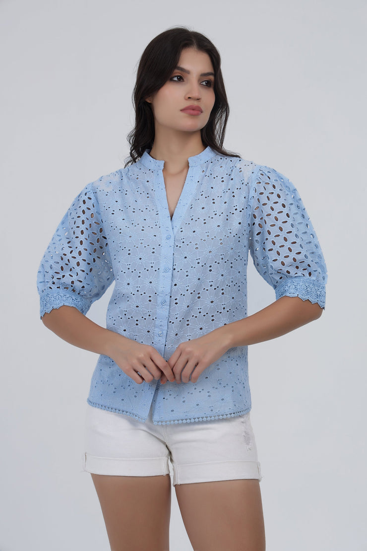 Sky Blue Eyelet Embroidered Cotton Top with Puff Sleeves