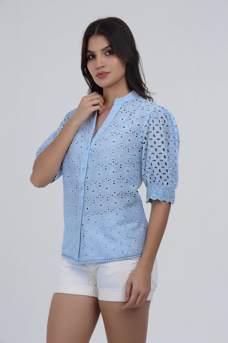 Sky Blue Eyelet Embroidered Cotton Top with Puff Sleeves
