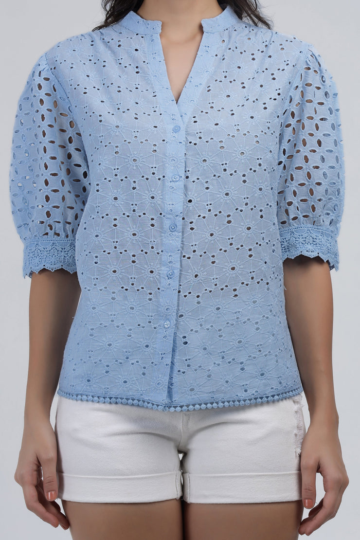 Sky Blue Eyelet Embroidered Cotton Top with Puff Sleeves