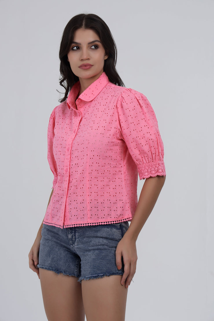 Pink Cotton Eyelet Puff Sleeve Top
