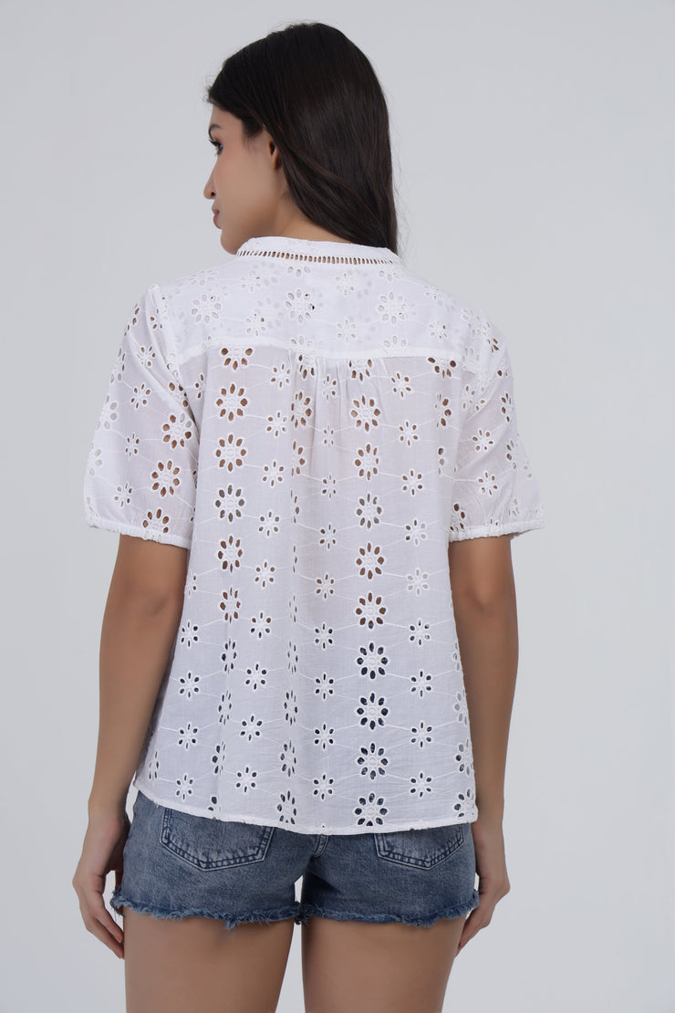 White Eyelet Embroidered Cotton Top with Short Puff Sleeves