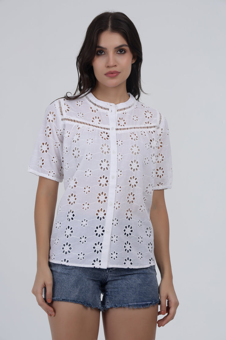 White Eyelet Embroidered Cotton Top with Short Puff Sleeves