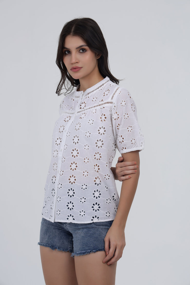 White Eyelet Embroidered Cotton Top with Short Puff Sleeves