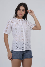 White Eyelet Embroidered Cotton Top with Short Puff Sleeves