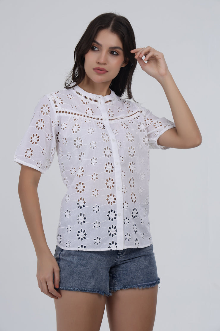 White Eyelet Embroidered Cotton Top with Short Puff Sleeves