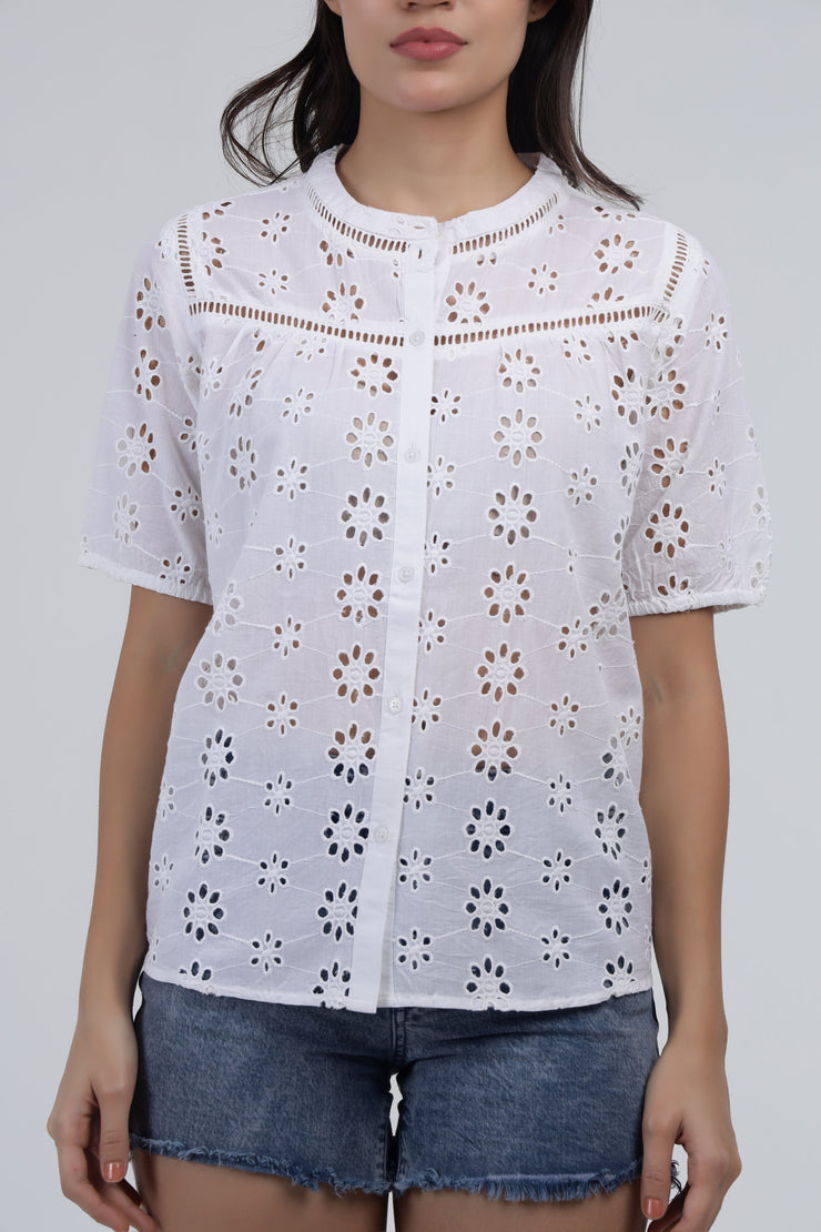 White Eyelet Embroidered Cotton Top with Short Puff Sleeves