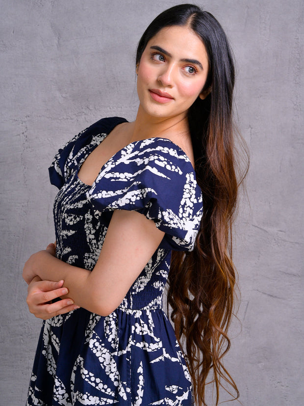 Navy Blue Smocked Bodice Puff Sleeve Printed Midi Dress