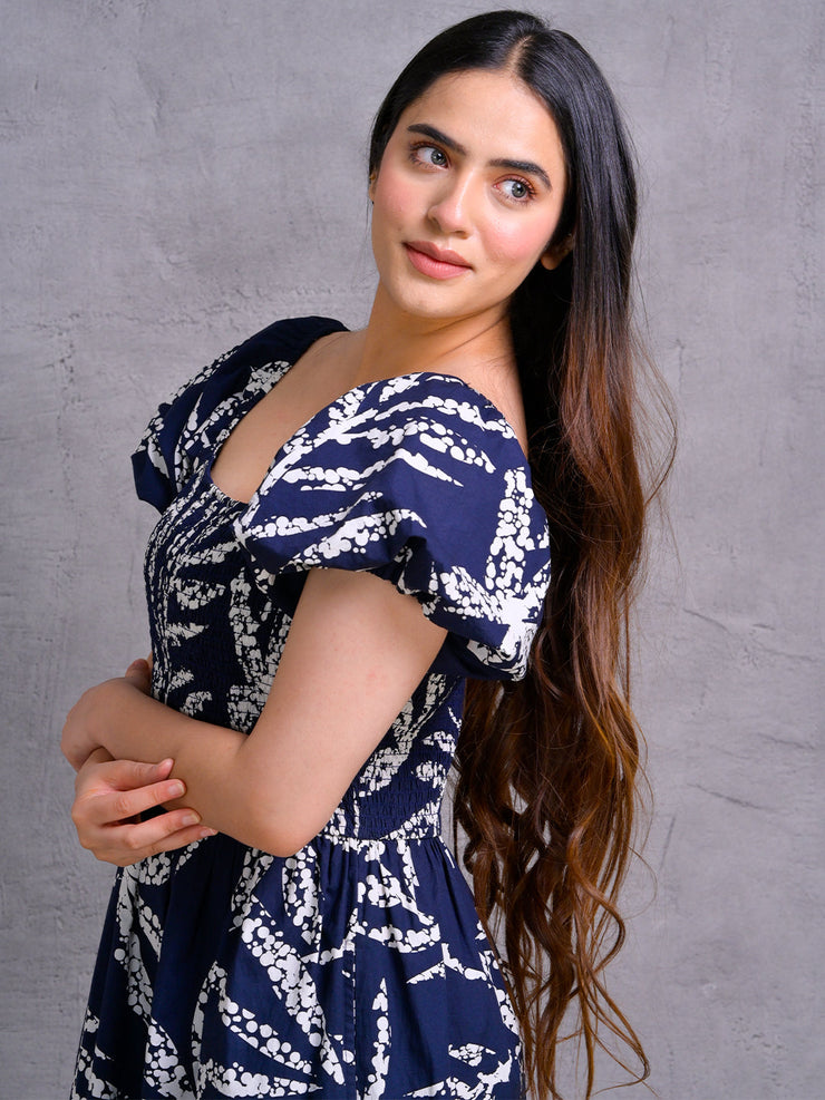 Navy Blue Smocked Bodice Puff Sleeve Printed Midi Dress