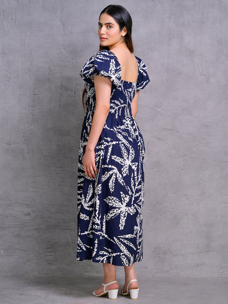 Navy Blue Smocked Bodice Puff Sleeve Printed Midi Dress