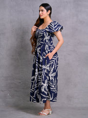 Navy Blue Smocked Bodice Puff Sleeve Printed Midi Dress