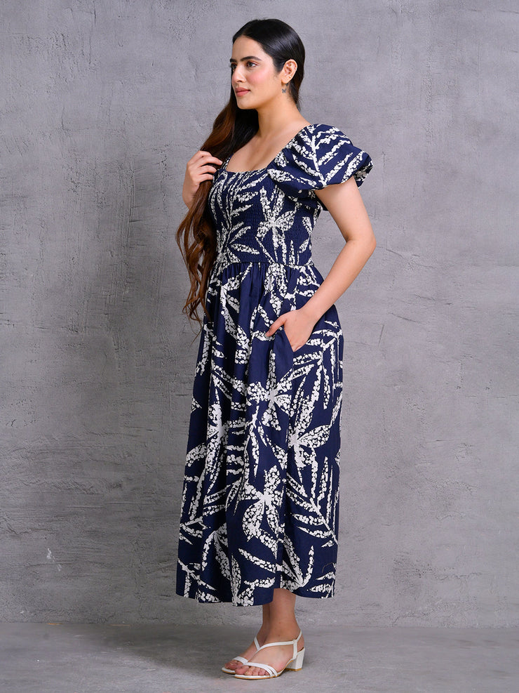 Navy Blue Smocked Bodice Puff Sleeve Printed Midi Dress