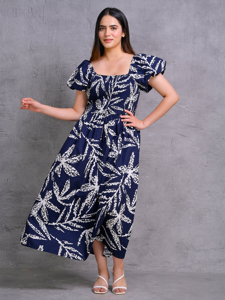 Navy Blue Smocked Bodice Puff Sleeve Printed Midi Dress