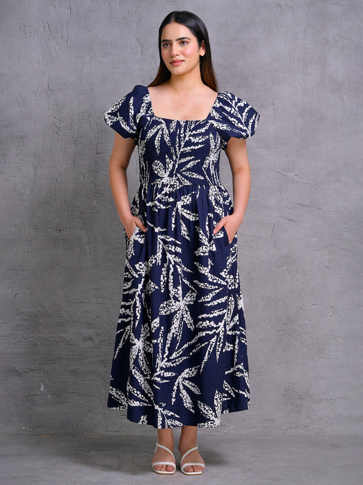 Navy Blue Smocked Bodice Puff Sleeve Printed Midi Dress