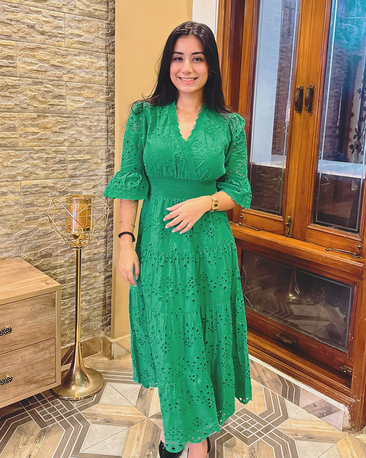Green Schiffli Smocked Waist Maxi Dress