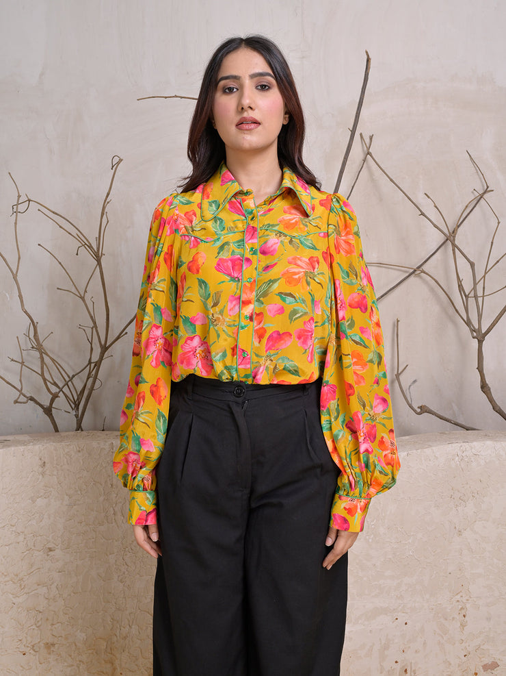 Mustard Floral Print Button-Down Shirt with Puff Sleeves