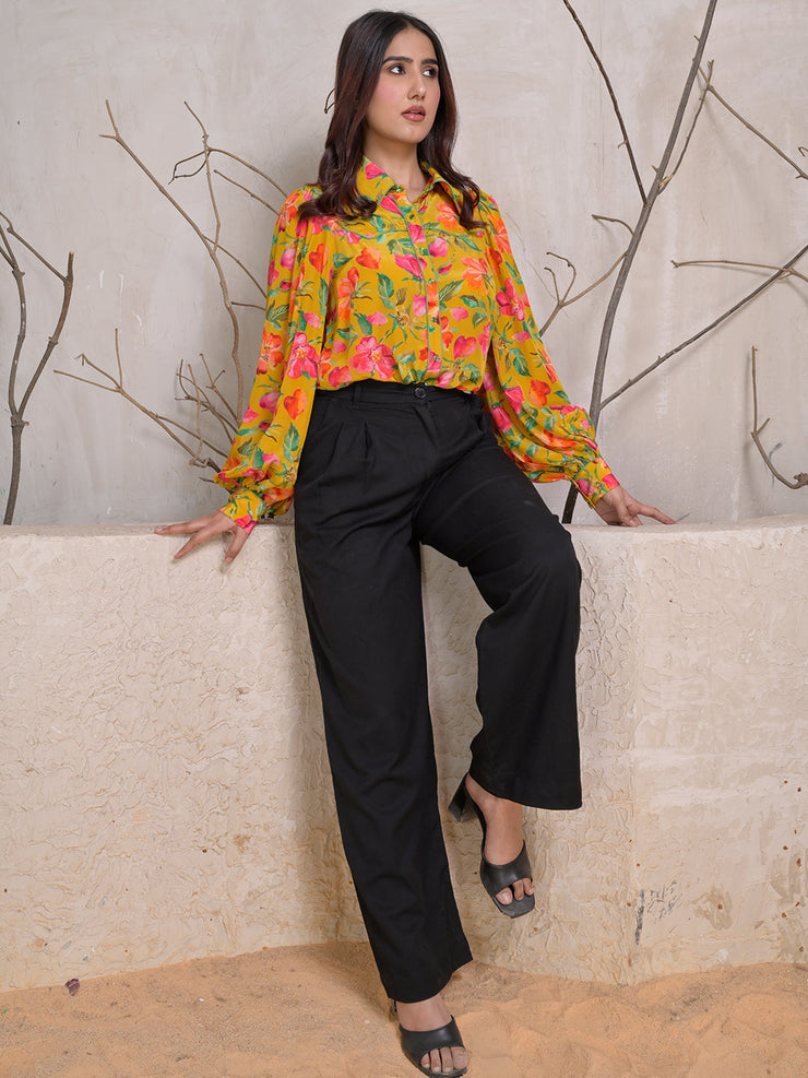 Mustard Floral Print Button-Down Shirt with Puff Sleeves