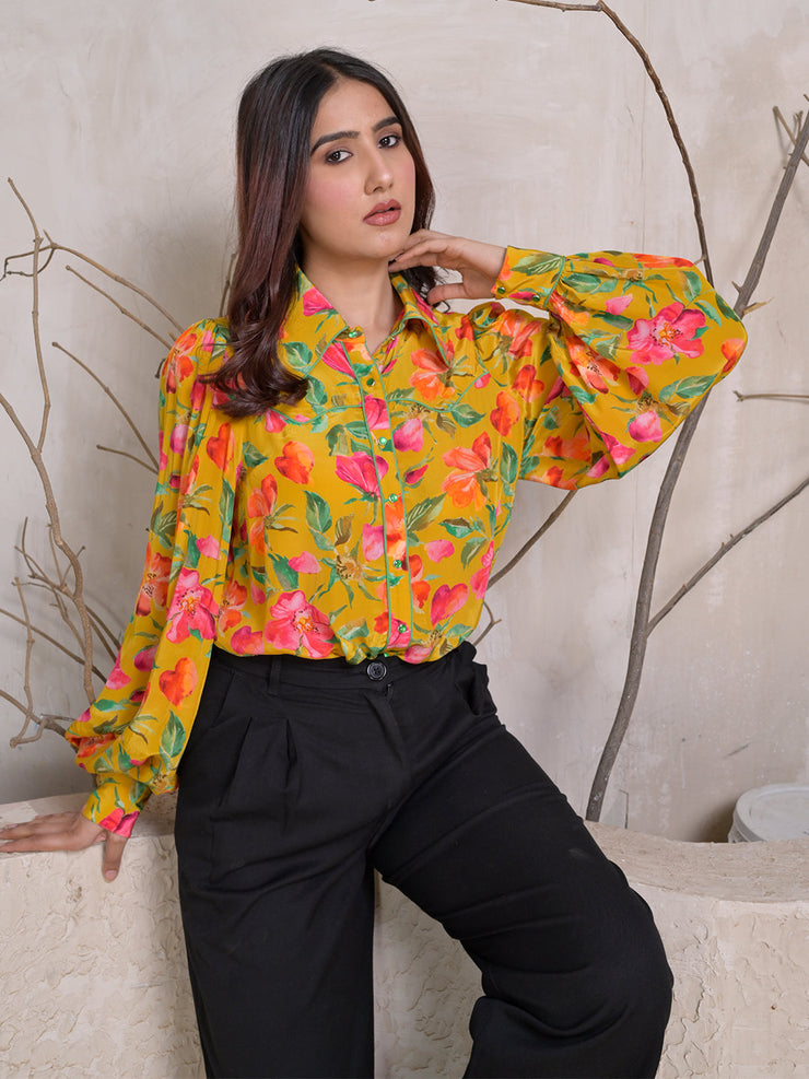 Mustard Floral Print Button-Down Shirt with Puff Sleeves
