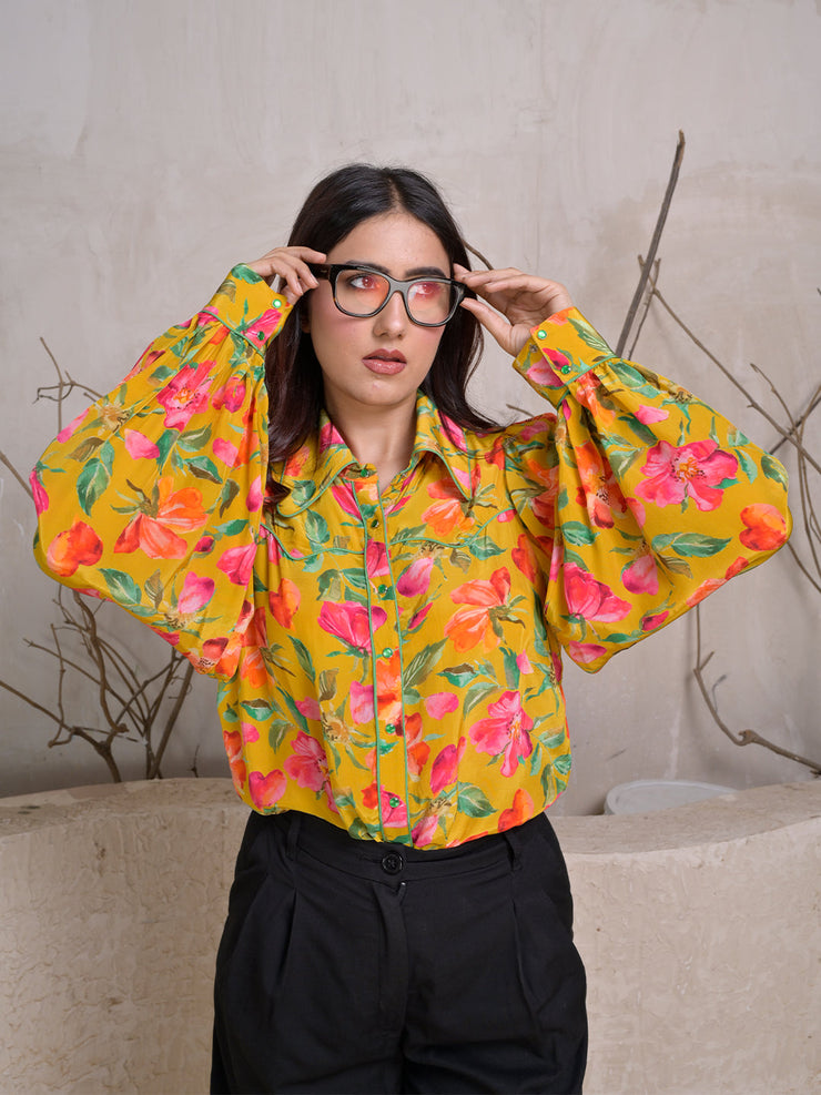 Mustard Floral Print Button-Down Shirt with Puff Sleeves