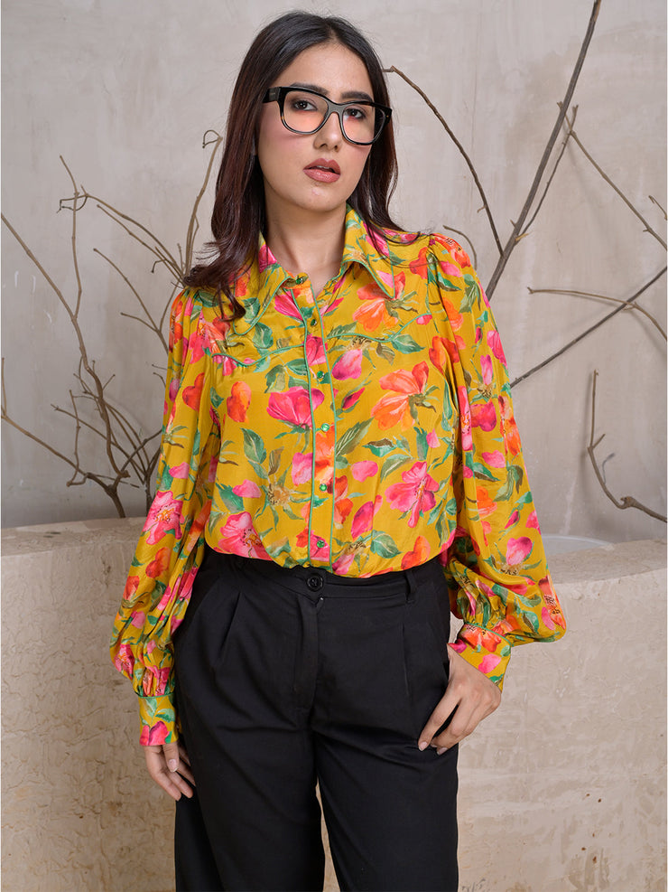 Mustard Floral Print Button-Down Shirt with Puff Sleeves