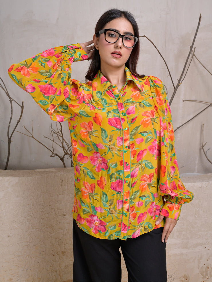 Mustard Floral Print Button-Down Shirt with Puff Sleeves