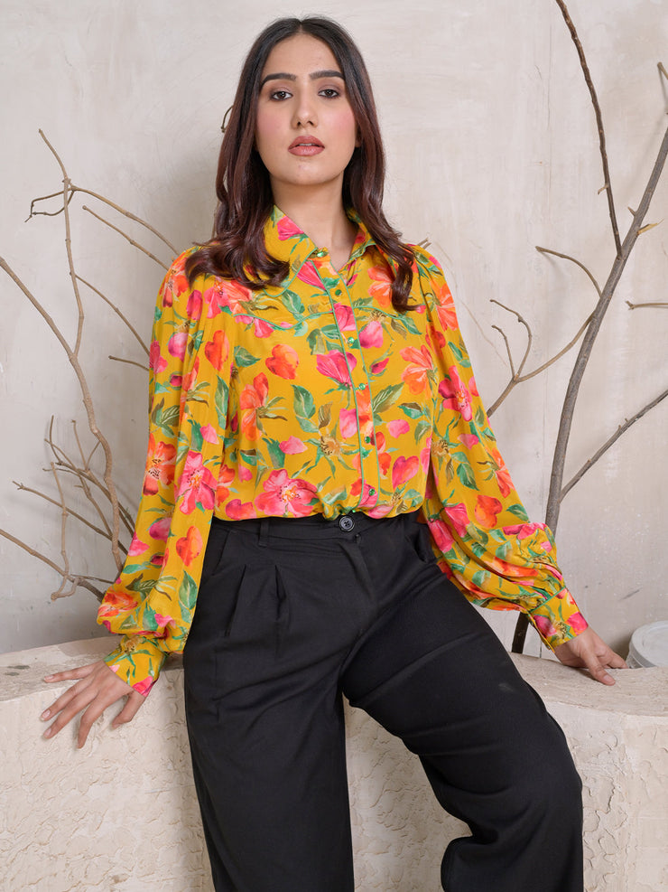 Mustard Floral Print Button-Down Shirt with Puff Sleeves