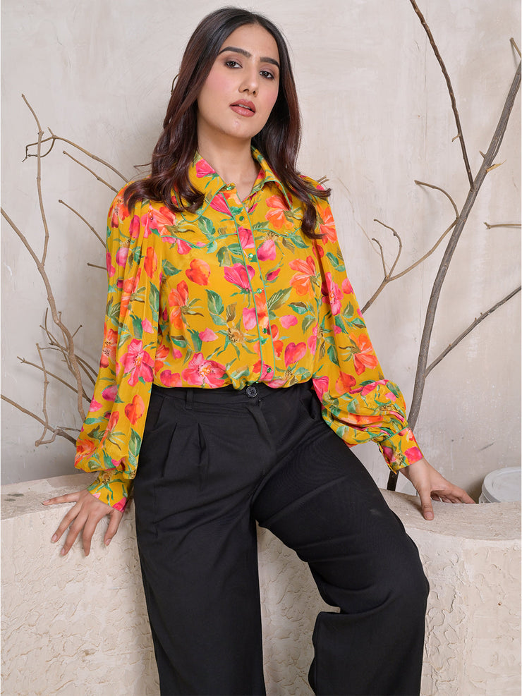 Mustard Floral Print Button-Down Shirt with Puff Sleeves