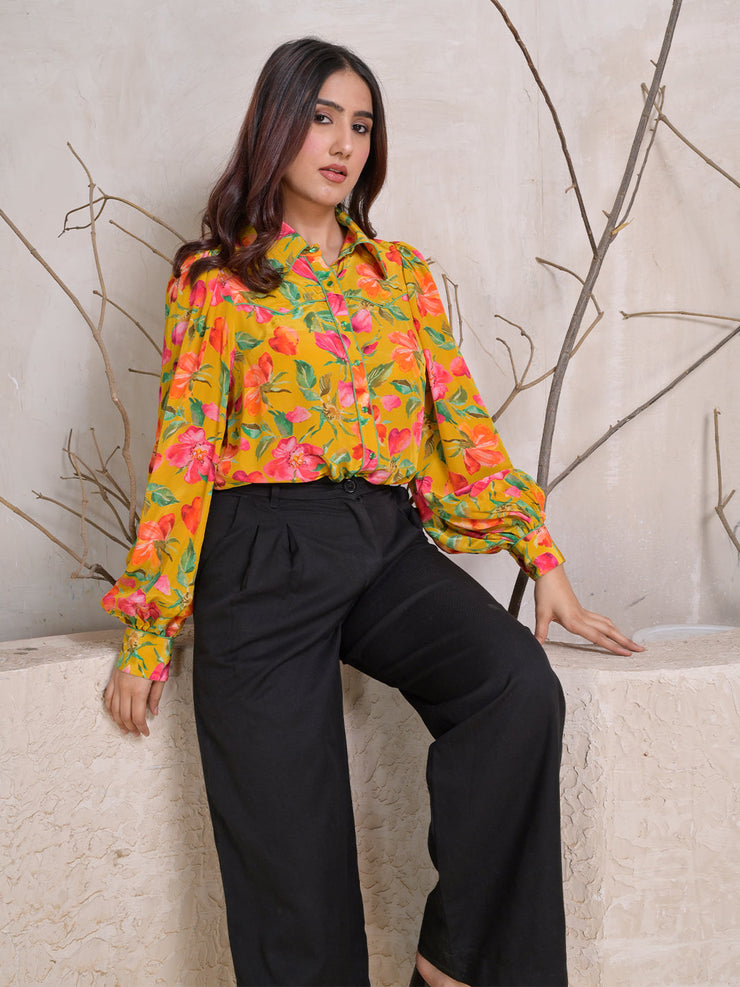 Mustard Floral Print Button-Down Shirt with Puff Sleeves