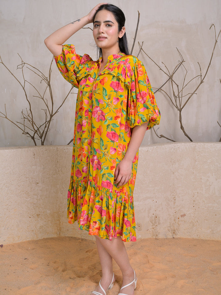 Mustard Bloom Midi Dress with Puff Sleeves
