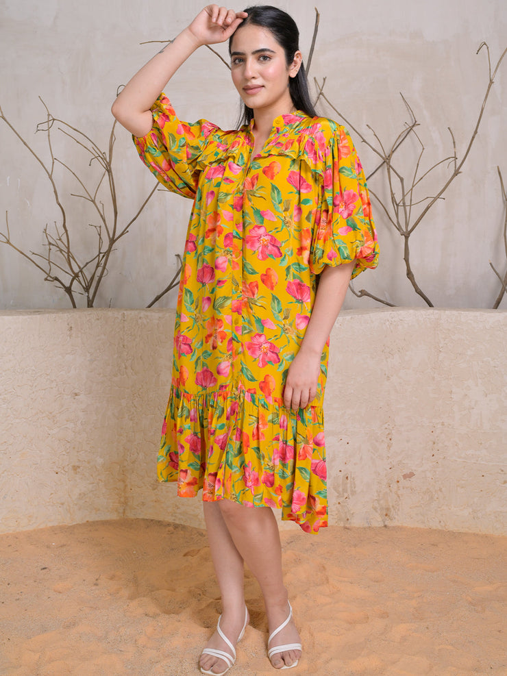 Mustard Bloom Midi Dress with Puff Sleeves