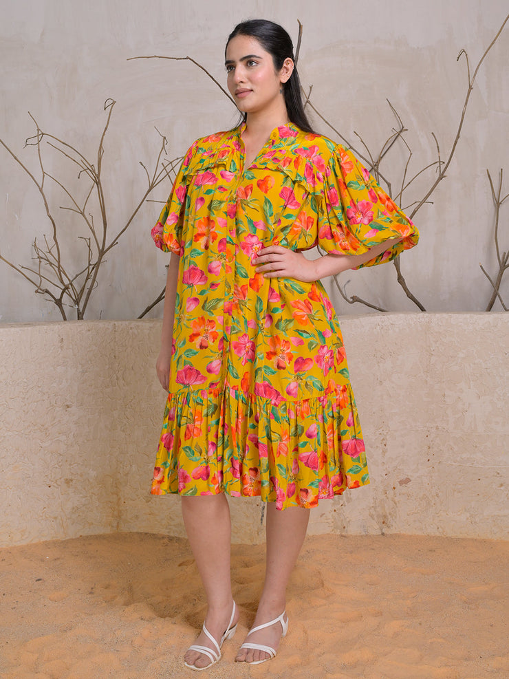 Mustard Bloom Midi Dress with Puff Sleeves