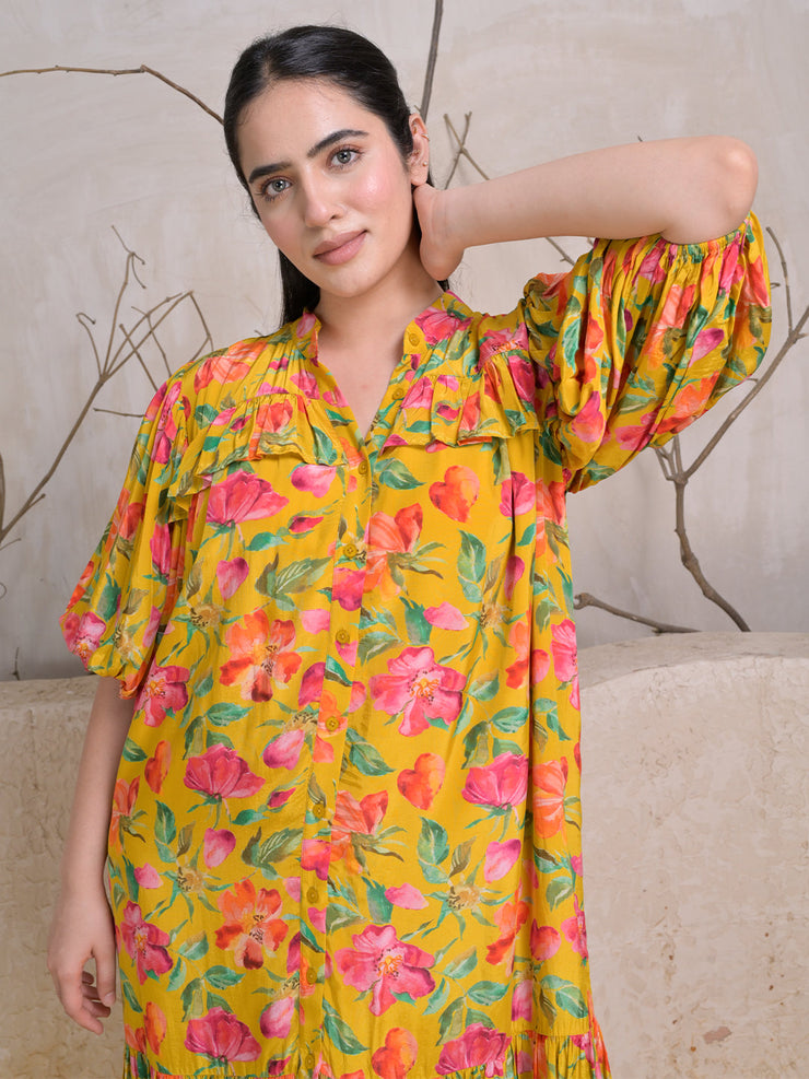 Mustard Bloom Midi Dress with Puff Sleeves