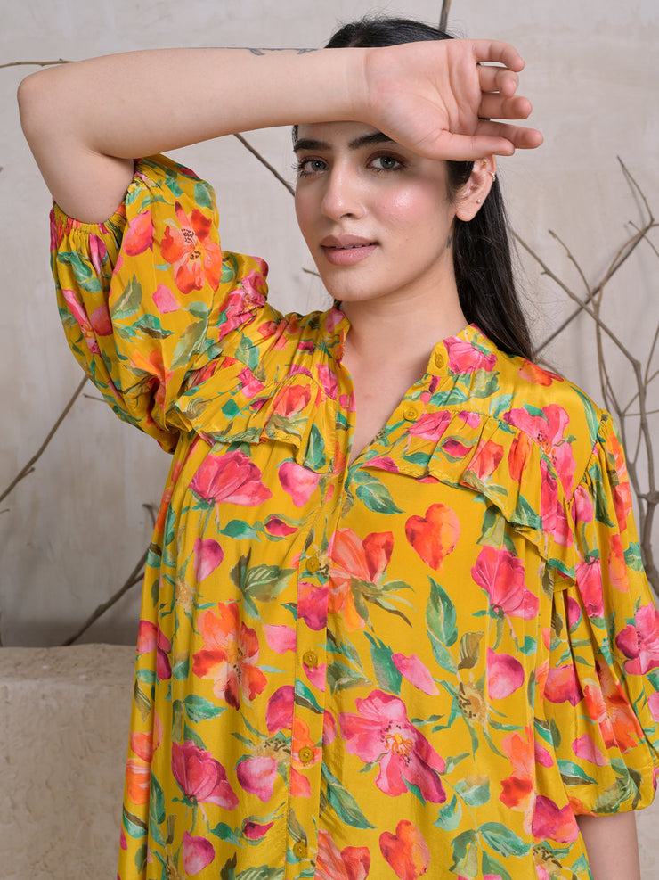 Mustard Bloom Midi Dress with Puff Sleeves